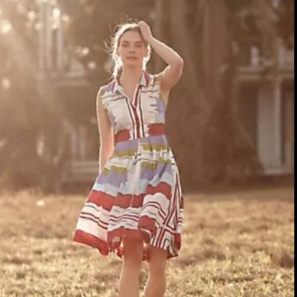 Anthropologie Floreat Colorful Striped Sleeveless Pleated Fit & Flare Dress Sz 8 - Picture 1 of 17